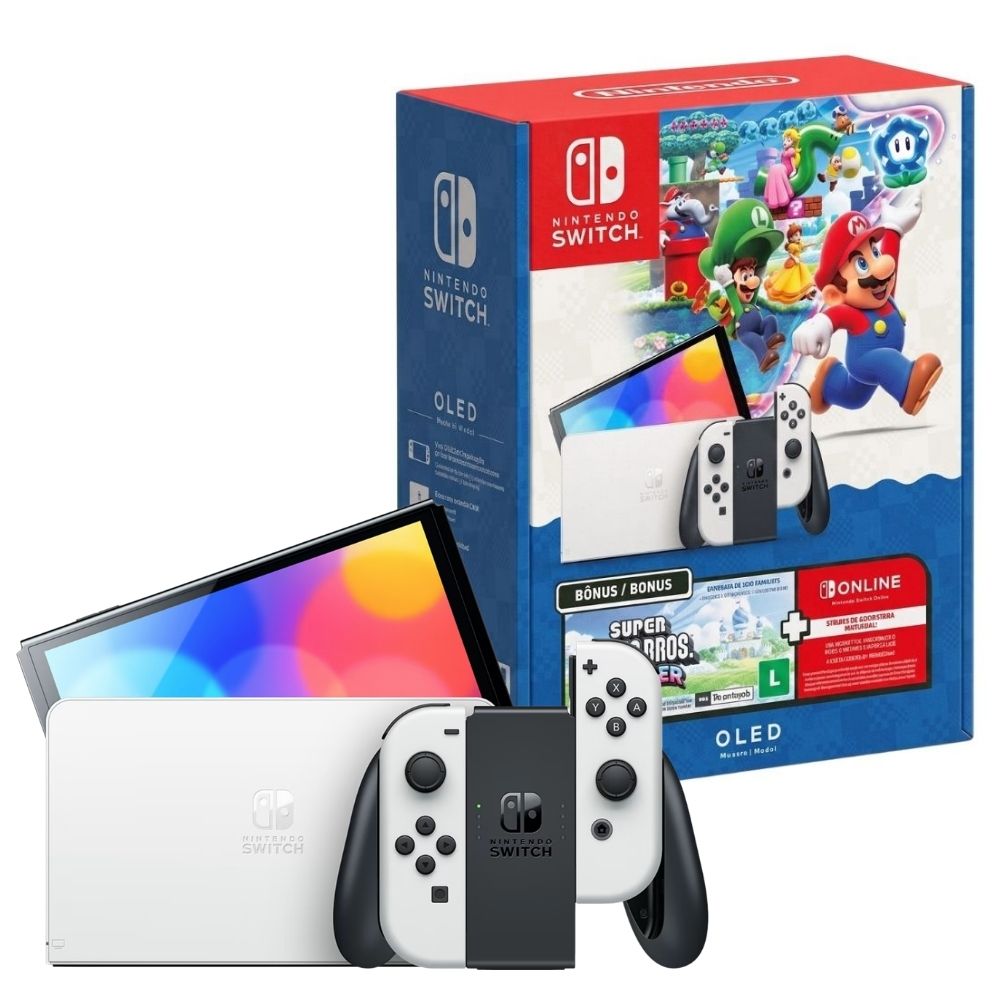 Console Nintendo Switch OLED 64GB Branco + Super Mario Bros. Wonder + 3 Meses de Assinatura Online