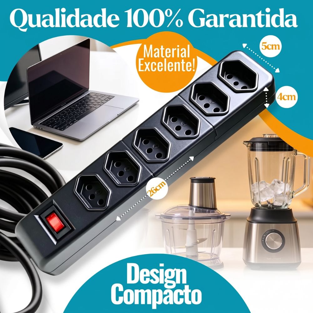Filtro de Linha Régua Extensão Com 6 Tomadas 5 Metros, 10A Preto Bivolt Proteção Sobretensão