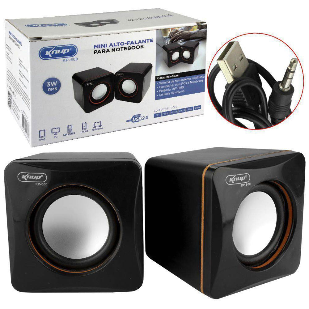 Mini Caixa de Som Para Notebook, PC, Knup KP-600, USB 2.0, Pequena, 3W-RMS