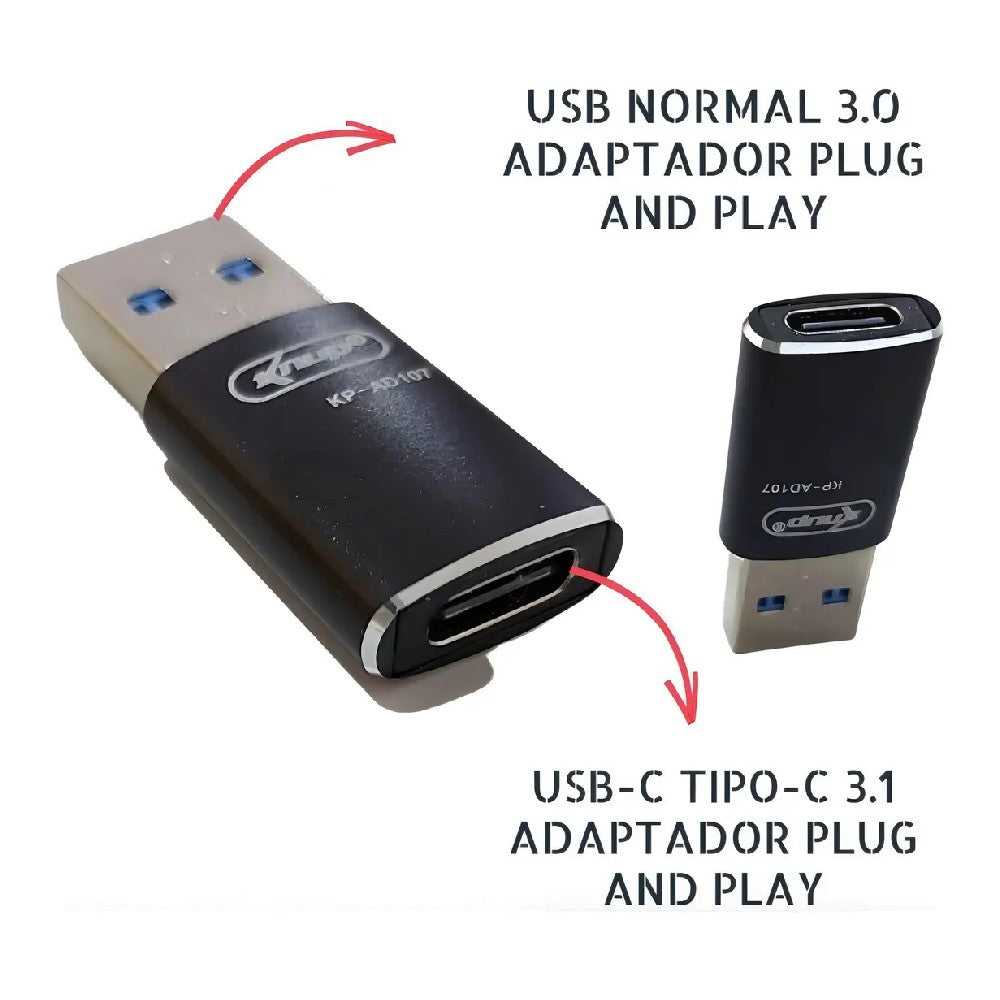 Adaptador OTG USB 3.0 KNUP KP-AD107 - Conversor Plug USB-C Fêmea p/ USB-A Macho