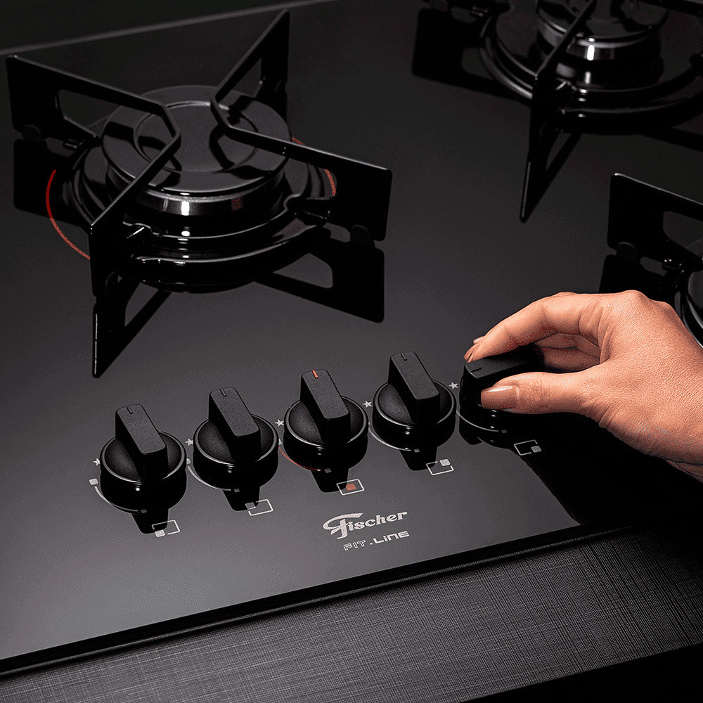 Fogão Cooktop 5 Bocas Fischer 5Q FIT LINE Gás Mesa Vidro Preto BIVOLT