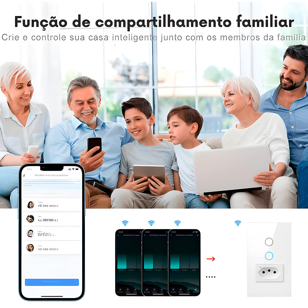 Interruptor Inteligente, Com Tomada, 2 Botões Touch, Wi-Fi, Compatível Com Alexa e Google Home, Avatto, Branco