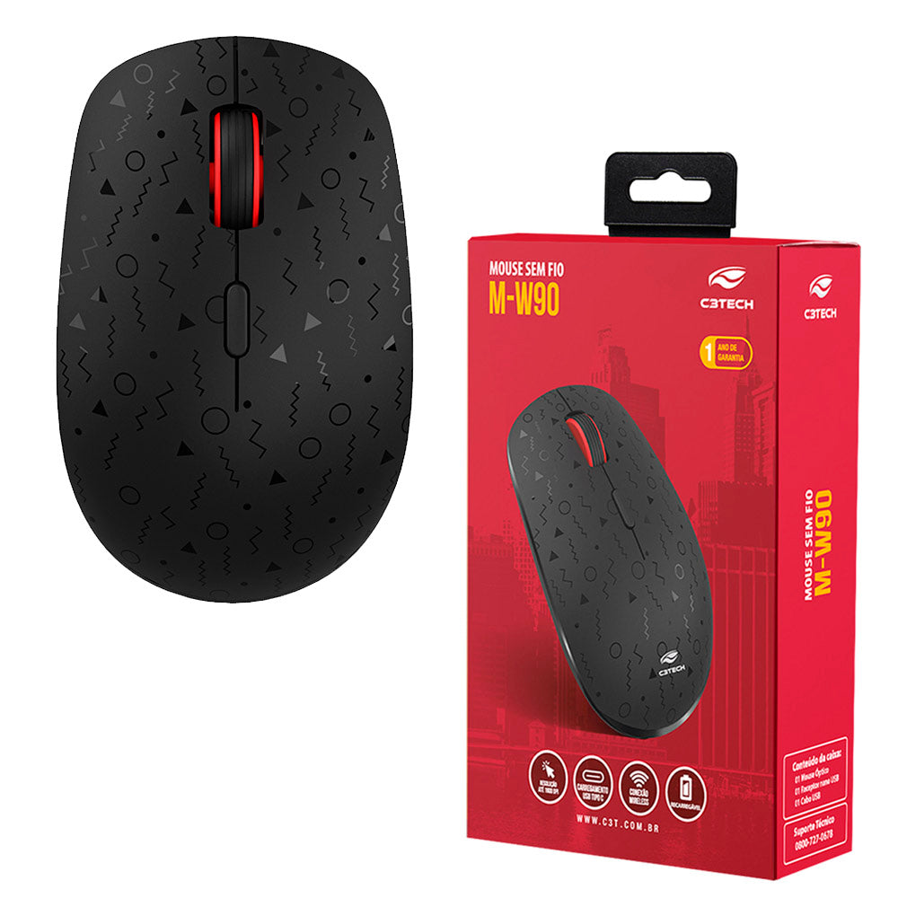 Mouse Sem Fio Recarregável M-W90BK, 1600 DPI, C3Tech - Preto