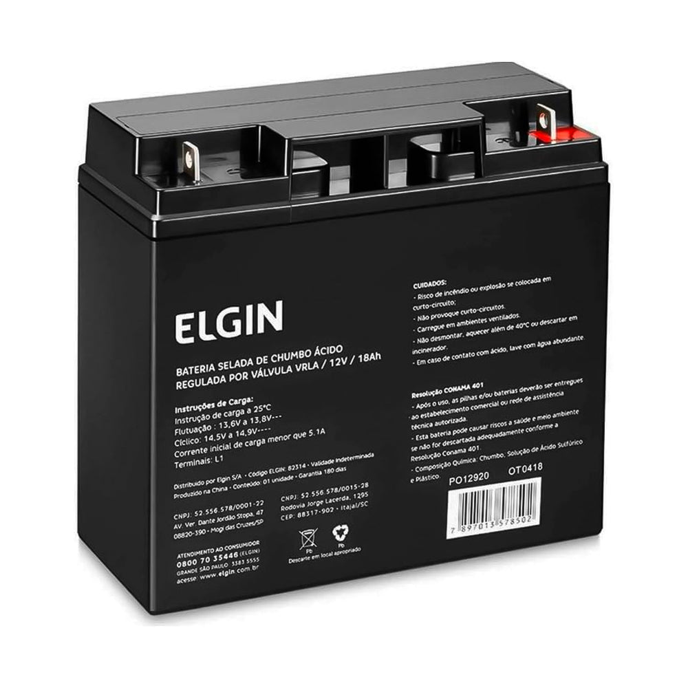 Bateria Selada de Chumbo, Elgin VRLA 12V, 18AH, Para Nobreak