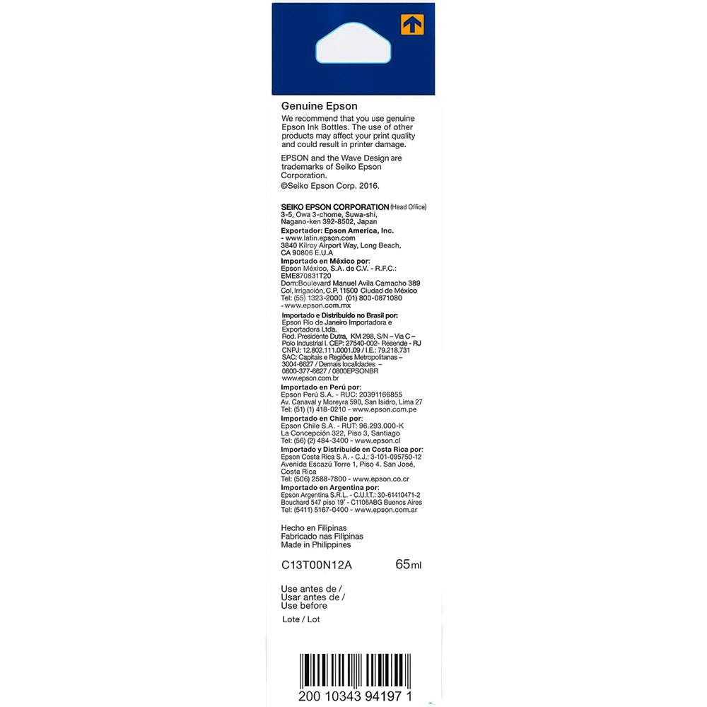 Refil de Tinta Epson Preto 544-T544120 Original Para EcoTank L3110 L5190 L3150 L3210 L3250 Rende 4.500 Paginas (Caixa)