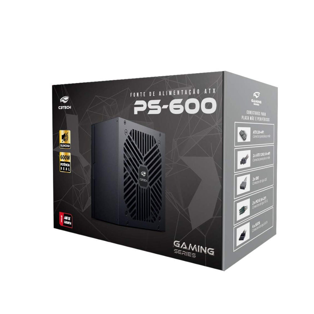 Fonte ATX Gamer C3Tech PS-600BK 600W Real, Bivolt, Ventoinha Silenciosa, Proteções OVP/UVP/SCP