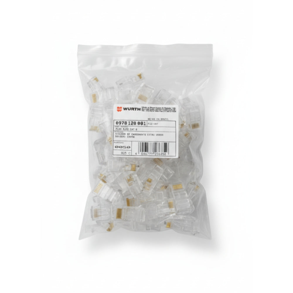 Kit Conector Modular RJ45 Cat6 Wurth 50 Unidades, Contatos Banhados a Ouro 18µm