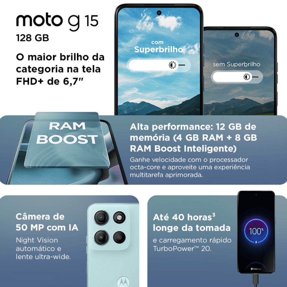 Smartphone Motorola Moto g15 128GB 12GB RAM (4GB + 8GB Boost) Camera 50MP com AI Tela FHD+ 6.7" - Azul Claro