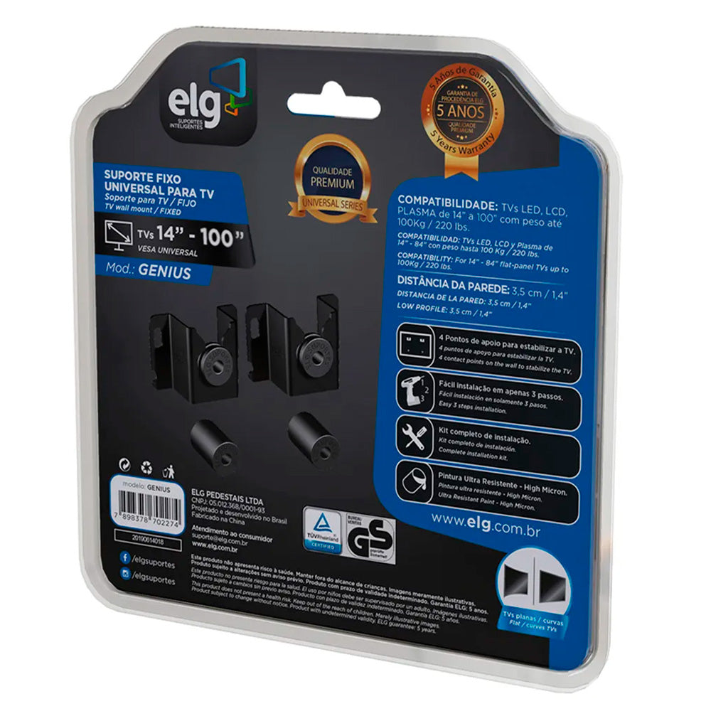 Suporte Fixo Para TV de 14” Até 100” Polegadas - LCD, LED, PLASMA, 3D - ELG Genius