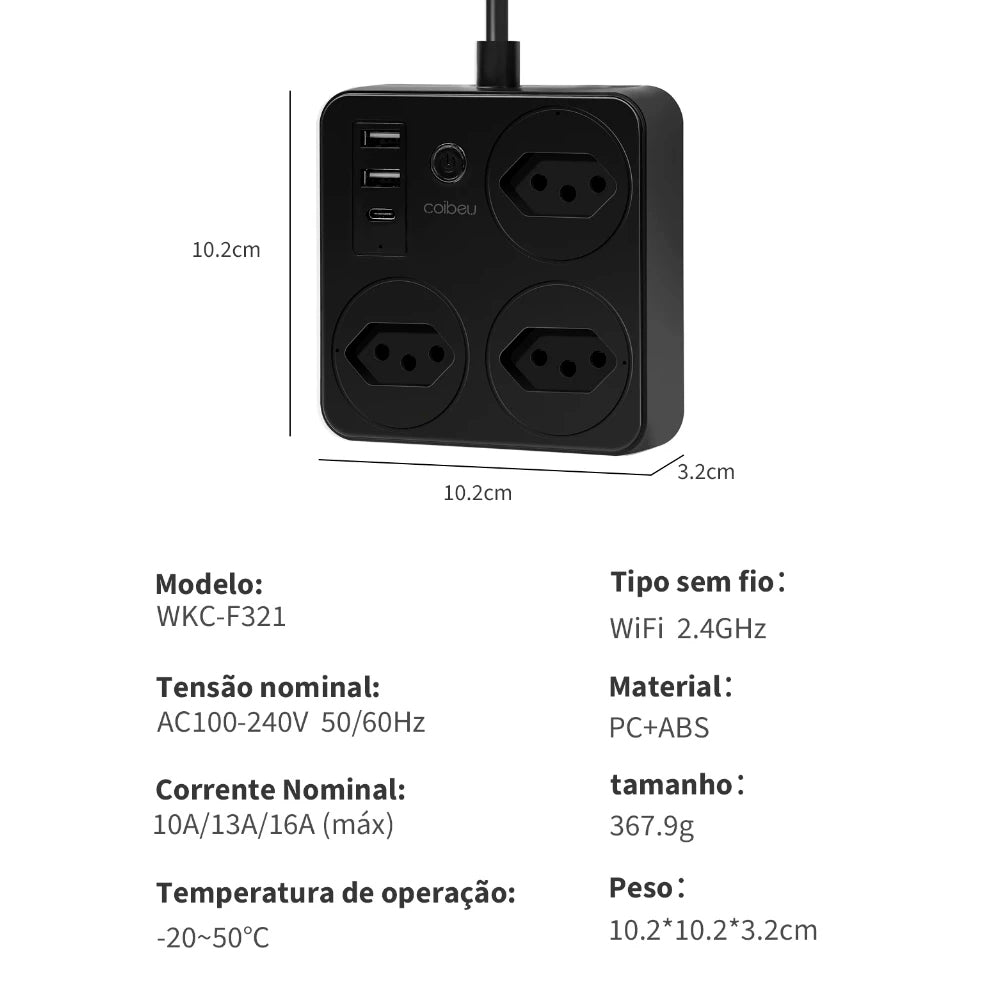 Extensão Inteligente, 3 Tomadas, 2 Entradas USB, 1 Entrada USB-C, Controle Por Voz, Compatível Alexa, Bivolt, Preto