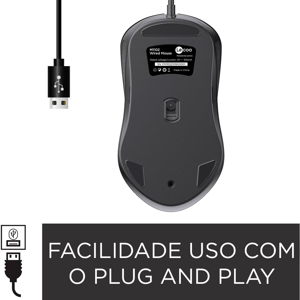 Mouse Com Fio USB, Lenovo Lecoo, 1.200 DPI, M1102, Ambidestro, Preto