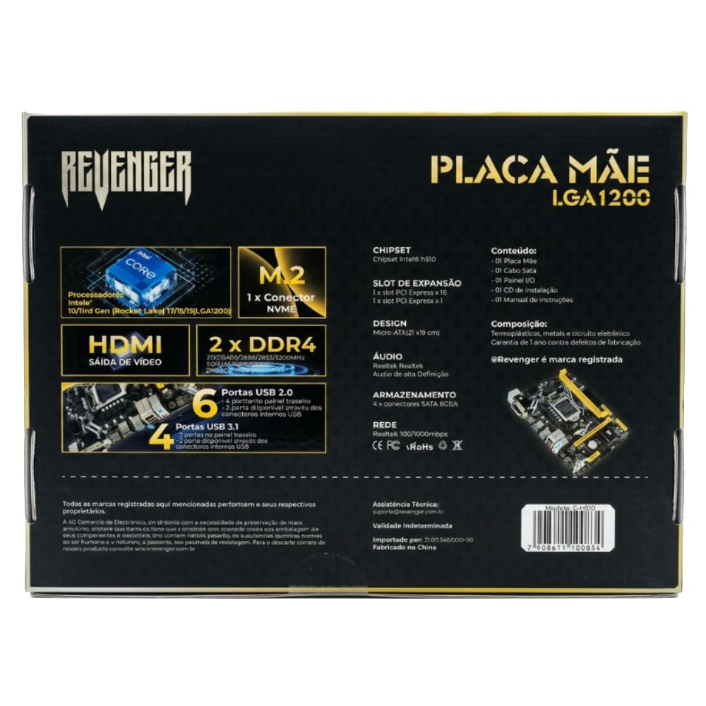 Placa Mãe Revenger G-H510 Intel LGA 1200 mATX 2x DDR4 M.2/HDMI/DVI/VGA/PS2