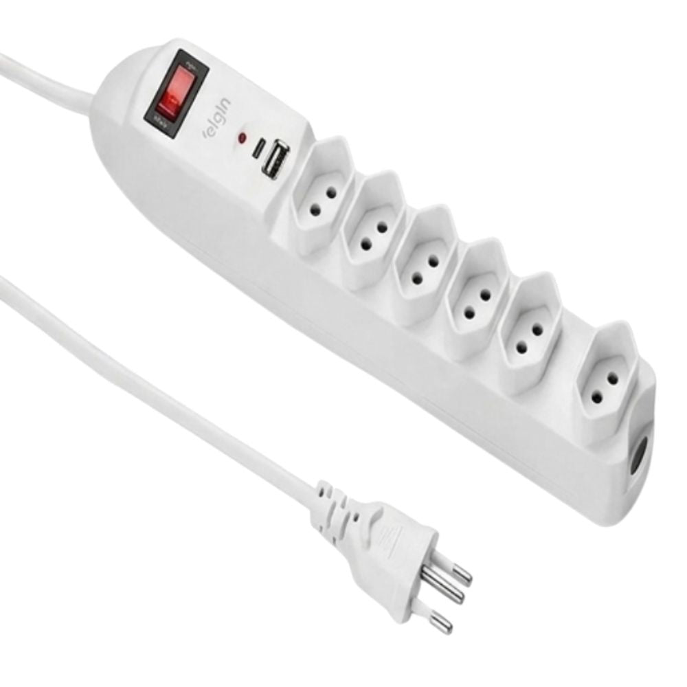 Filtro de Linha Elgin 6 Tomadas + USB-A e USB-C, Cabo 1.5m, 46RFL3060USB, Branco