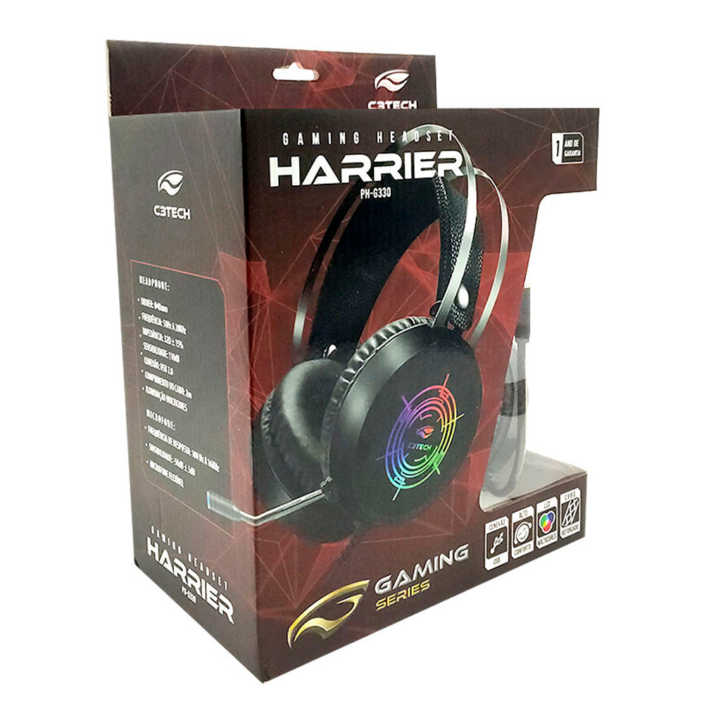 Headset Gamer USB Harrier PH-G330BKV2 C3Tech, Iluminação RGB, Over-Ear, Microfone Integrado, 50mm - Preto