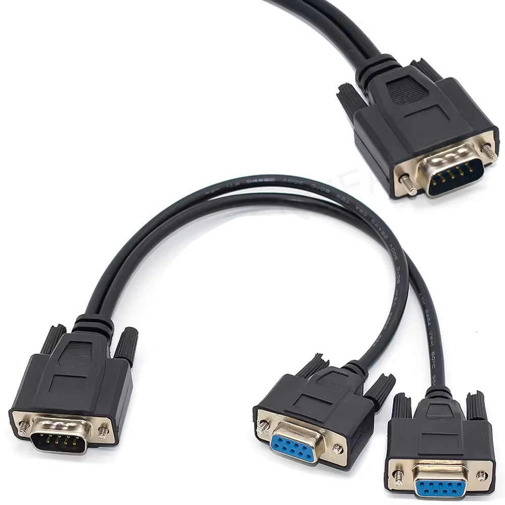 Cabo Serial 9 Pinos, 1 Macho x 2 Femeas, 30 Centímetros, RS323 DB9 - Preto