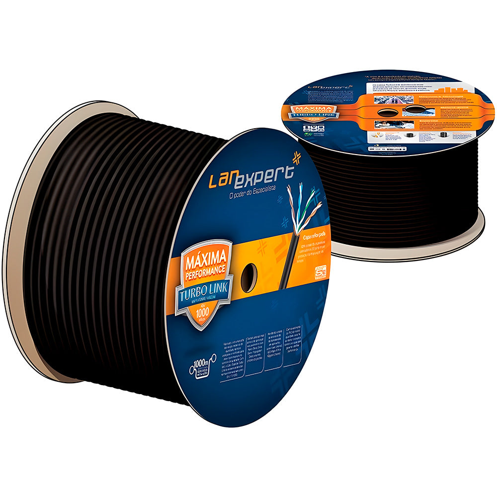Bobina Cabo de Rede 1.000 Metros, Lan Expert Turbo Link, CAT5e, UTP,  100% Cobre - Preto
