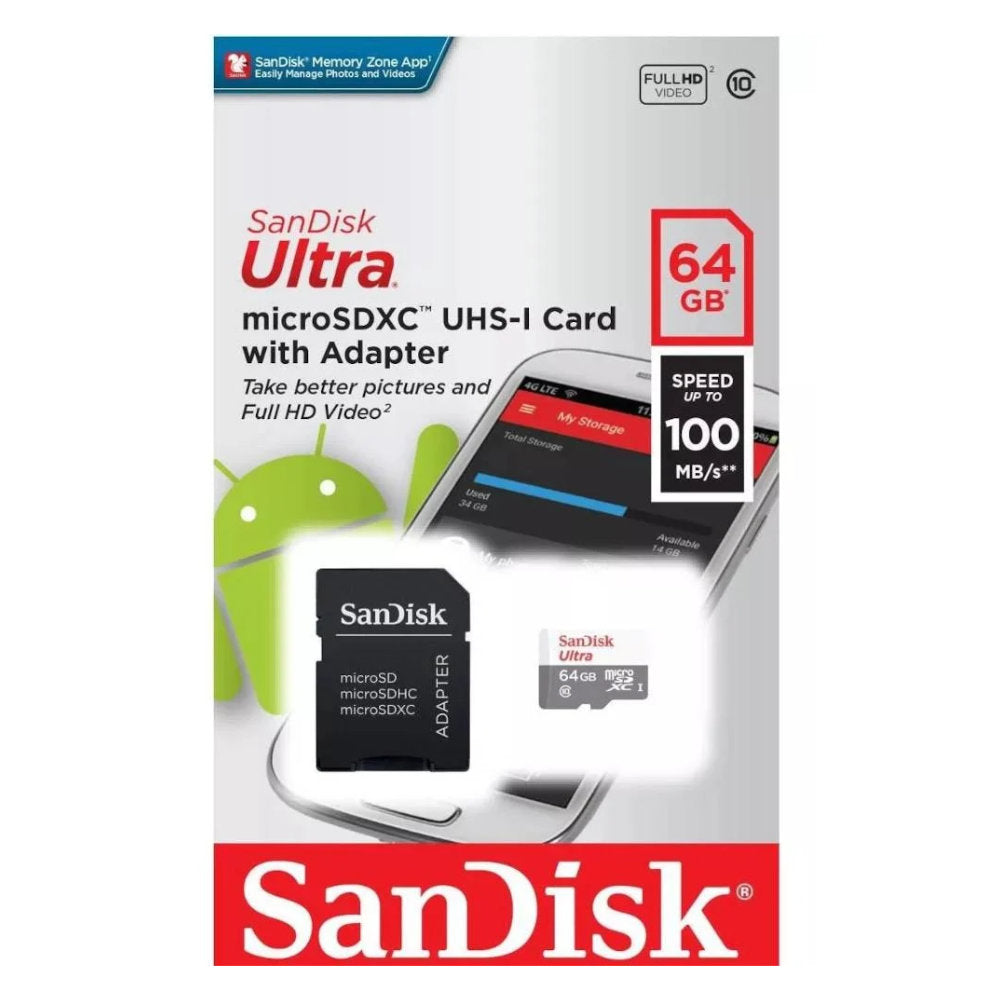 Cartão SanDisk Ultra MicroSDXC 64GB UHS-I Classe 10 A1 100MB/s Full HD c/ Adaptador SD p/ Android SDSQUNR-064G-GN3MA