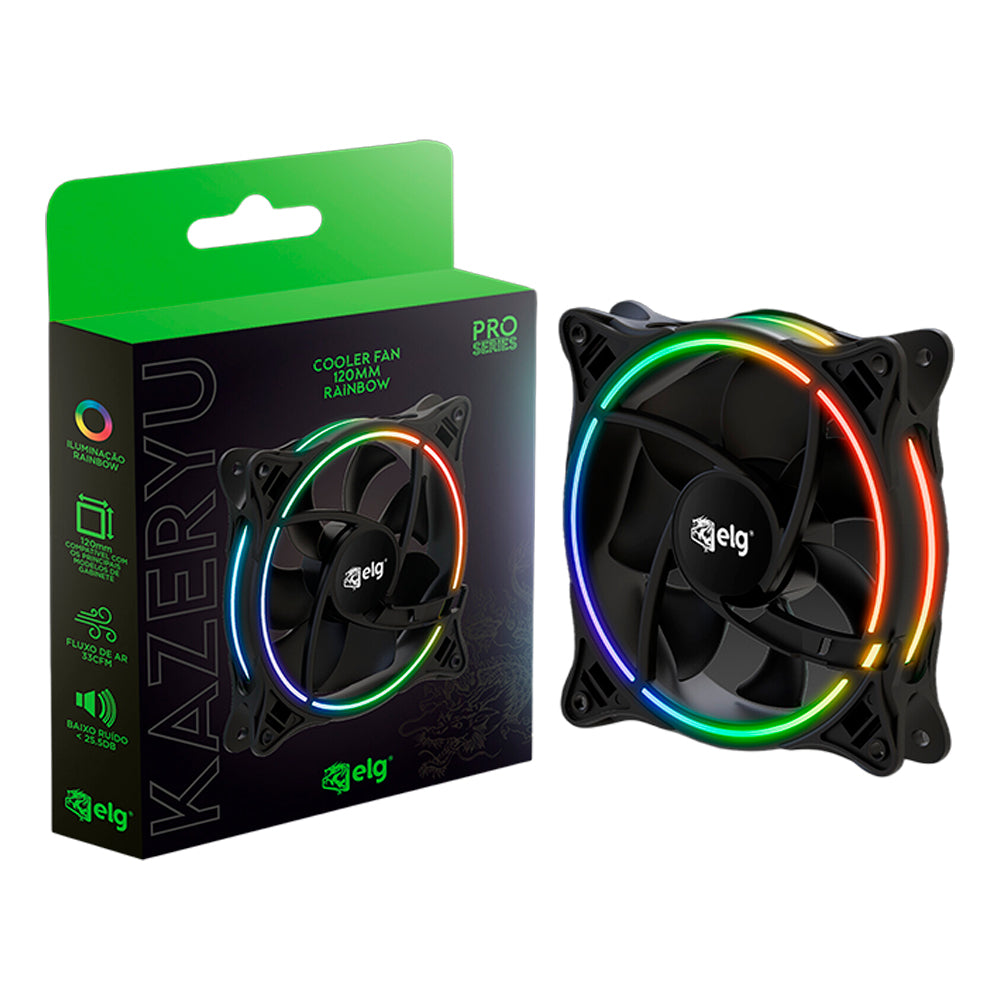 Cooler Fan Gamer, 120mm, Kazeryu Pro, 1.500RPM, LED Rainbow, Baixo Ruído, CFPKR1, Preto, ELG