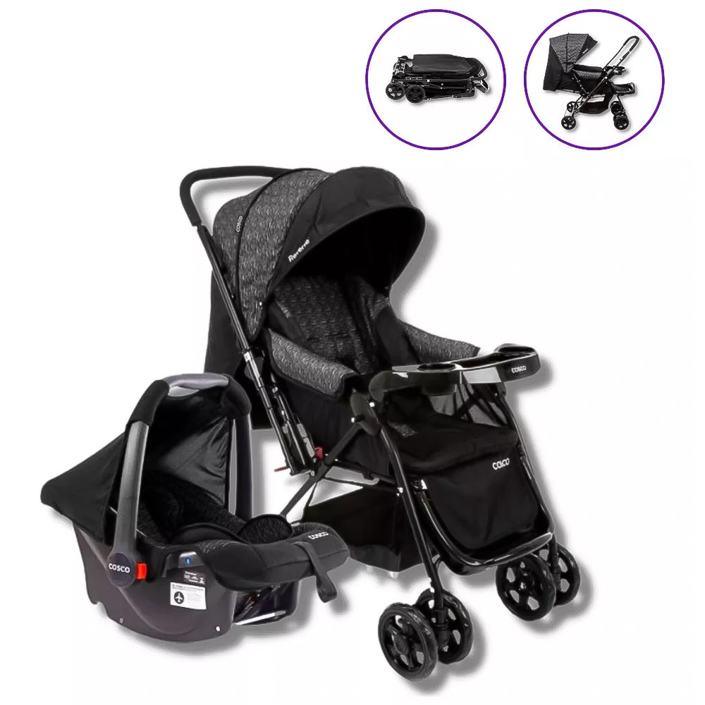 Conjunto Travel Carrinho Bebê Reclinável + bebê Conforto Preto Reverse-Cosco