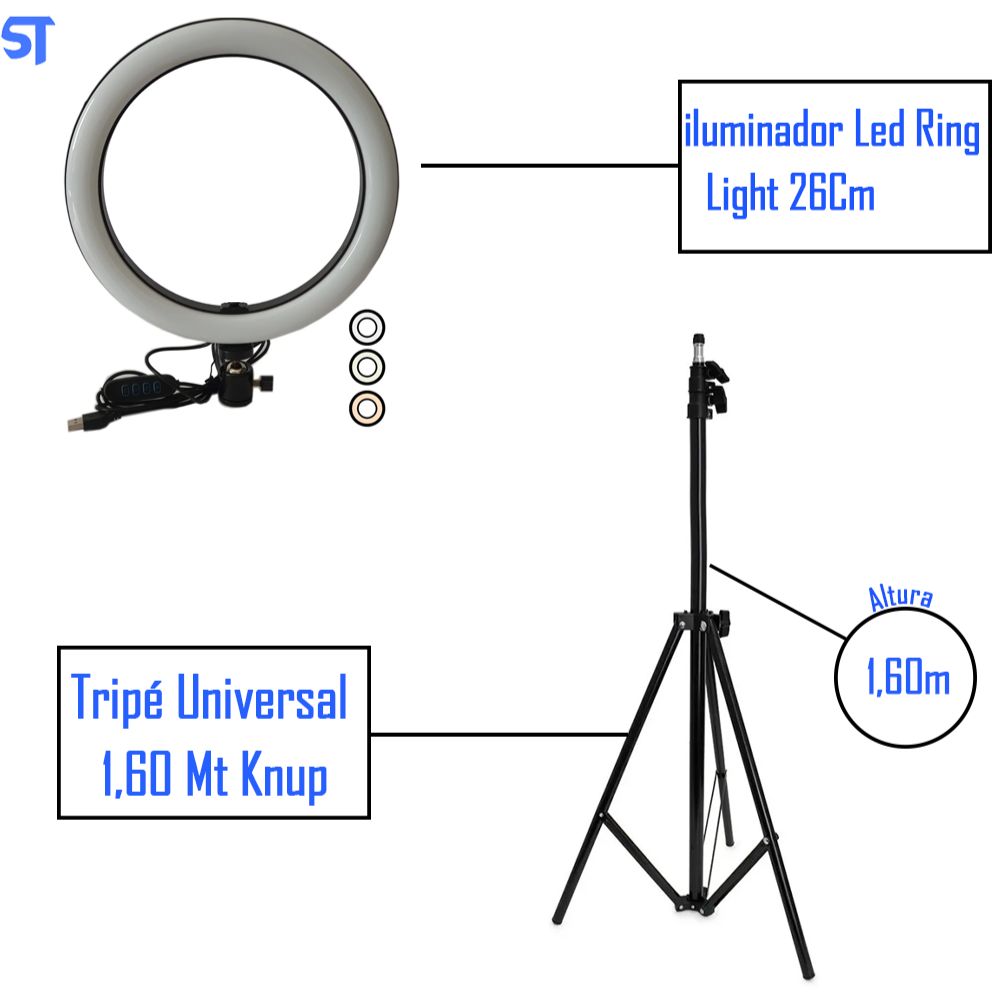 Kit Tripé Universal Knup 1,60m Ajuste de Altura Hastes em Alumínio KP-PL2616SC + Ring Light 10.2" 3200k á 5500k 26Cm 5V