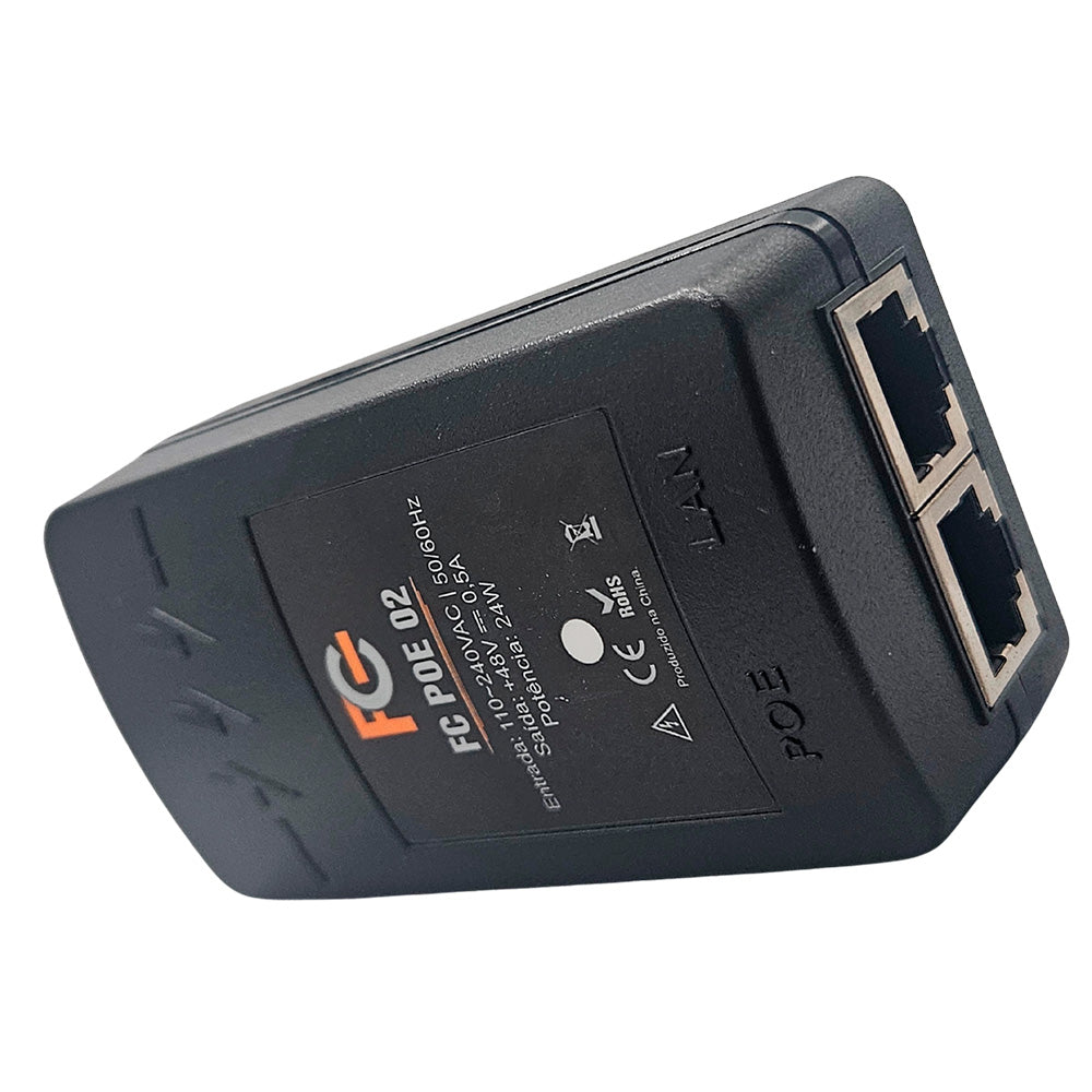 Fonte PoE 48Vdc 0.5A (24W), Bivolt 100-240Vac, 2 Portas RJ-45, PoE Passivo, Plug and Play, FCPOE02 - FC Fontes