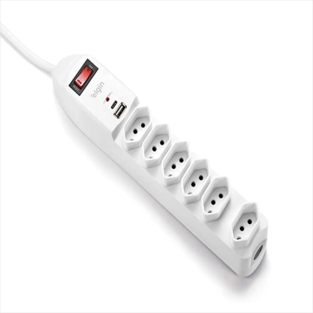 Filtro de Linha Elgin 6 Tomadas + USB-A e USB-C, Cabo 1.5m, 46RFL3060USB, Branco