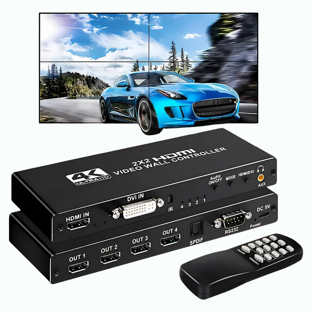 Controlador Vídeo Wall 2x2, Até 4K Full HD, HDMI, Divide 1 Imagem em 4 Telas, Fácil Instalação - Preto