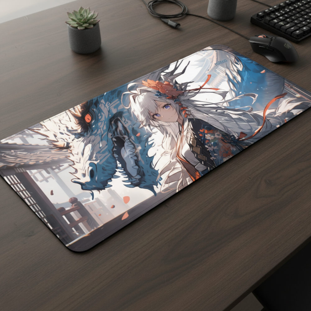 Mouse Pad Gamer 30x70cm, Neoprene Legítimo, Base Antiderrapante, Reliza - Estampa Guardiã do Dragão Celestial
