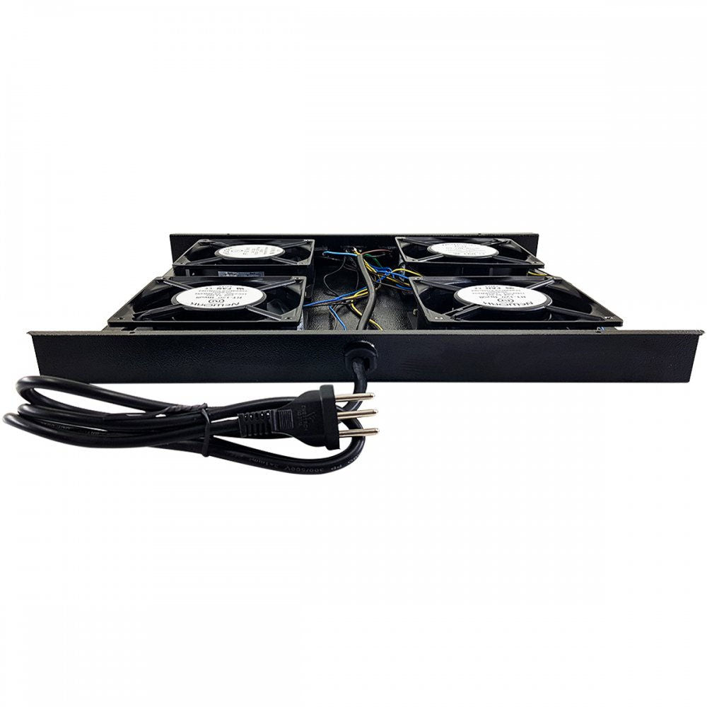 Kit Ventilação Forçada Rack 19" 1U 4 Coolers, Bivolt 110/220V, Chapa Aço Epóxi, Rolamento Blindado Max Eletron