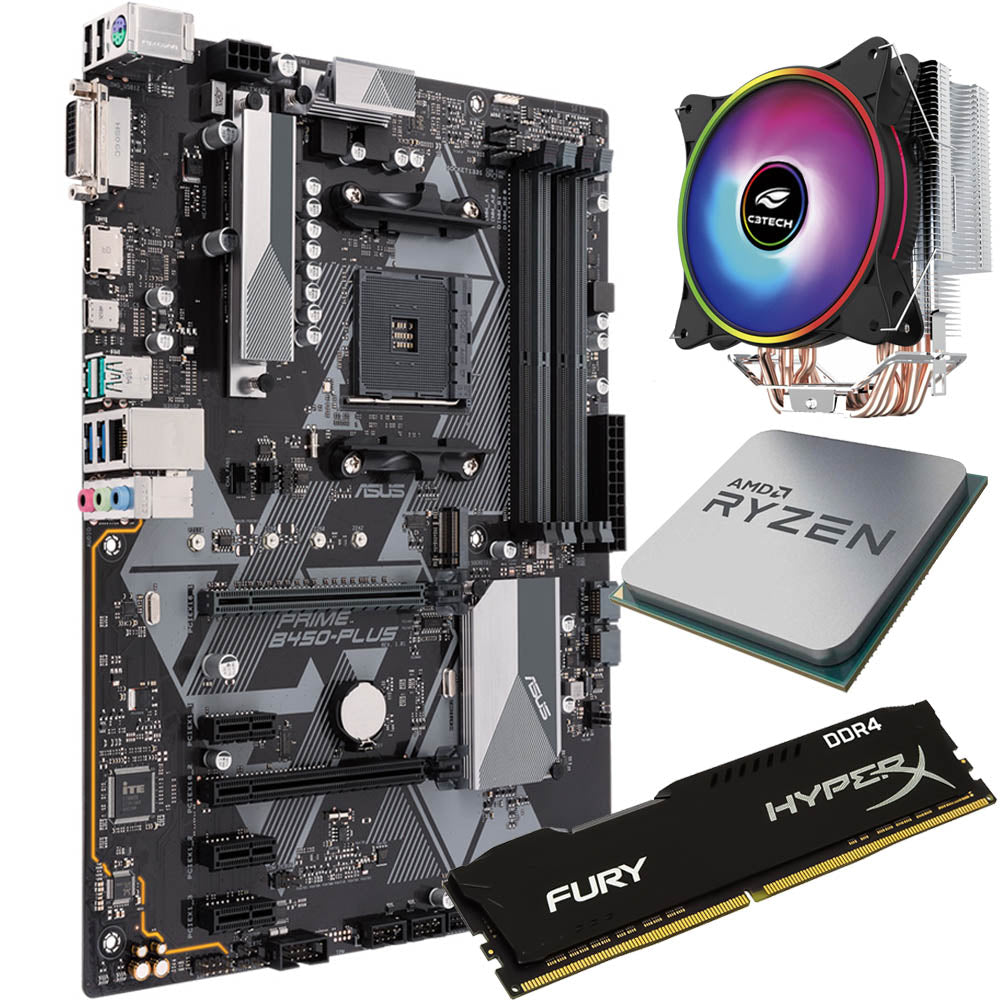 Kit Upgrade para Gamer AMD Ryzen 5 3500X+ Placa Mãe Asus Prime B450-Plus + Memoria RAM 16GB DDR4 + Cooler C3Tech 120mm