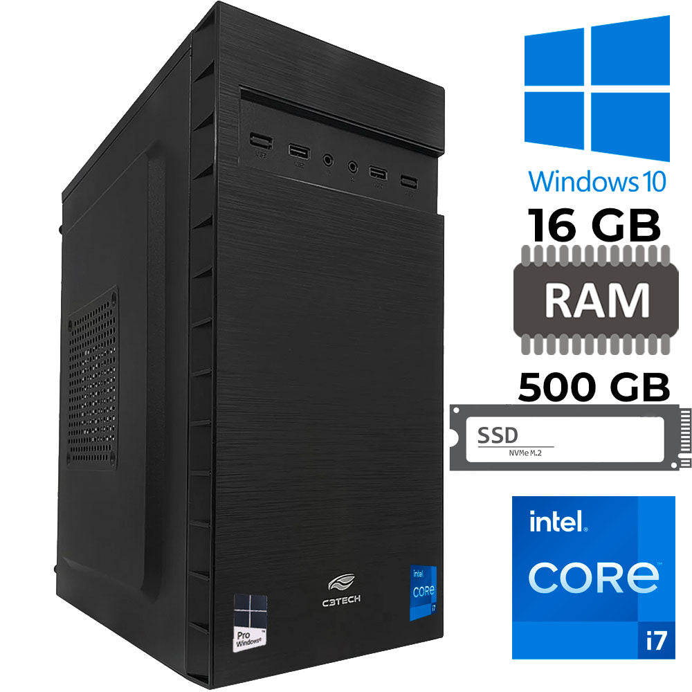 Computador i7-10700, Placa Mãe H510, RAM 16GB, SSD NVME Kingston 500GB, Gab MT-32BK