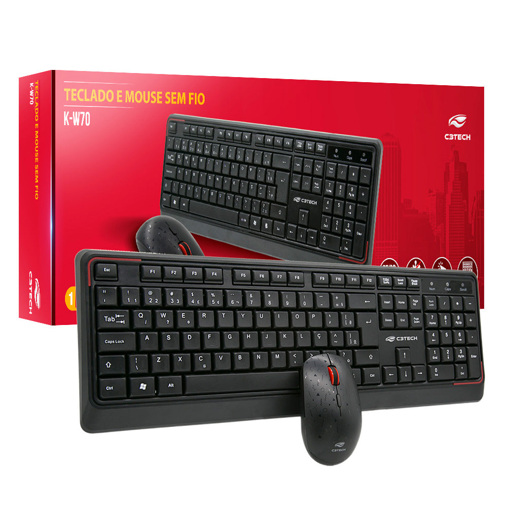 Kit Teclado e Mouse C3Tech, Wireless (Sem Fio), K-W70BK - Preto