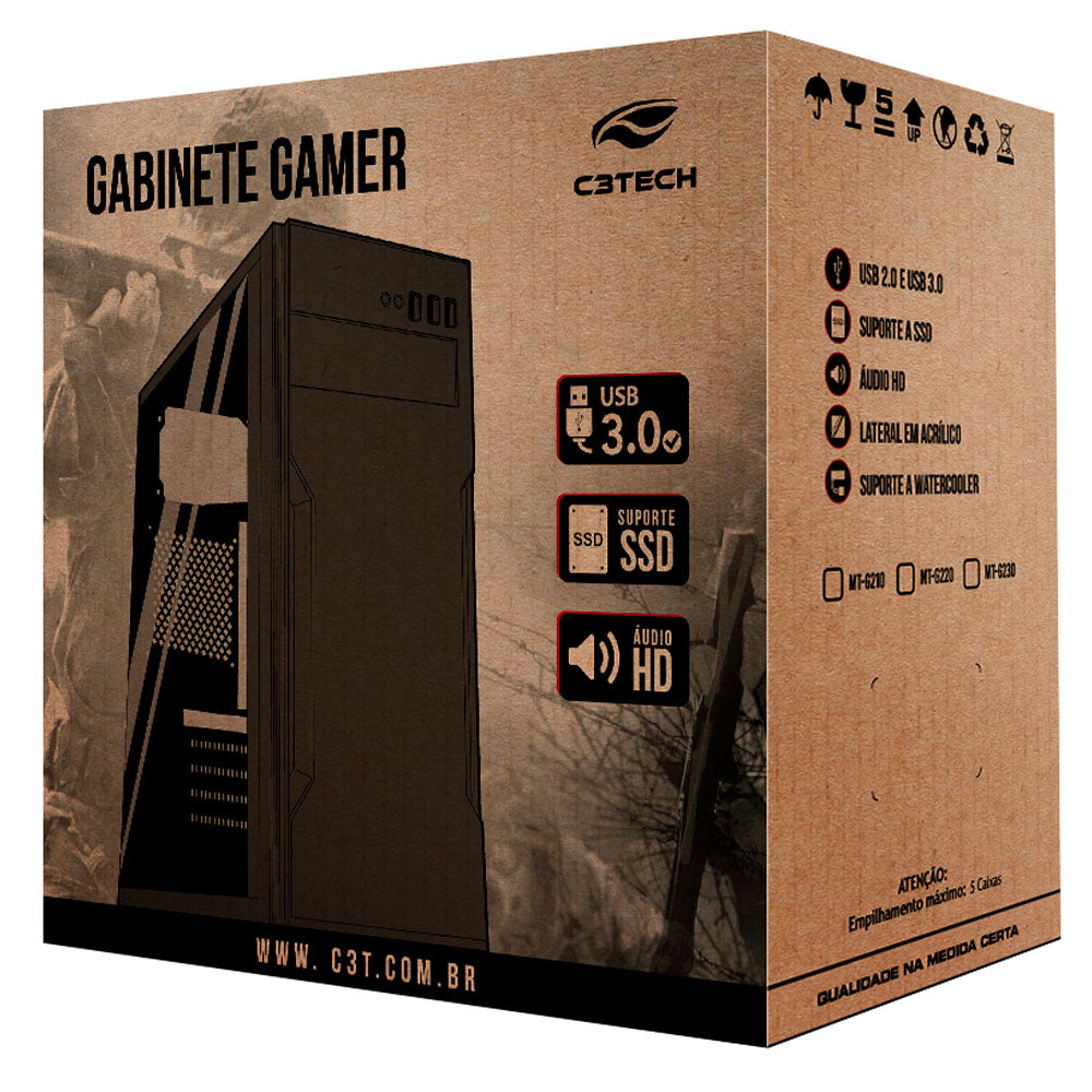 Gabinete Gamer MT-G220BK C3Tech, Lateral em Acrílico, Mid Tower, S/Fonte, Preto