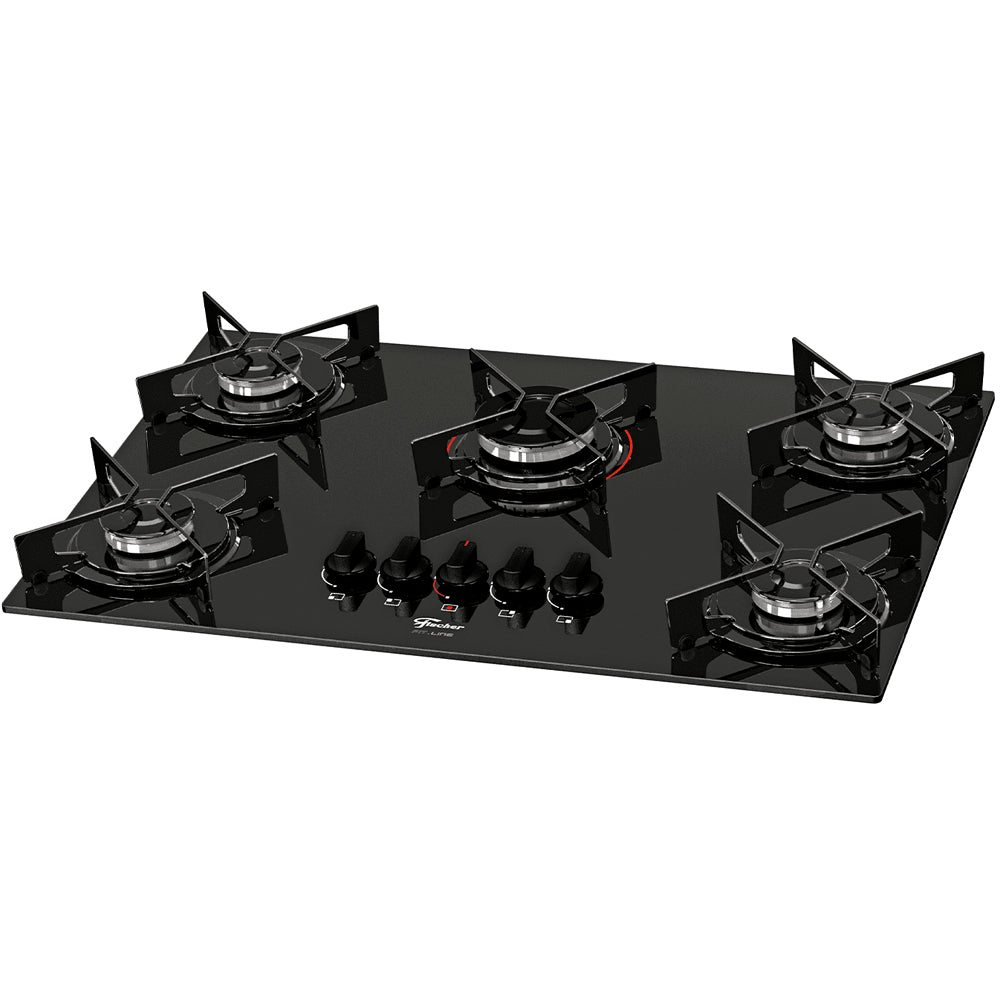 Fogão Cooktop 5 Bocas Fischer 5Q FIT LINE Gás Mesa Vidro Preto BIVOLT