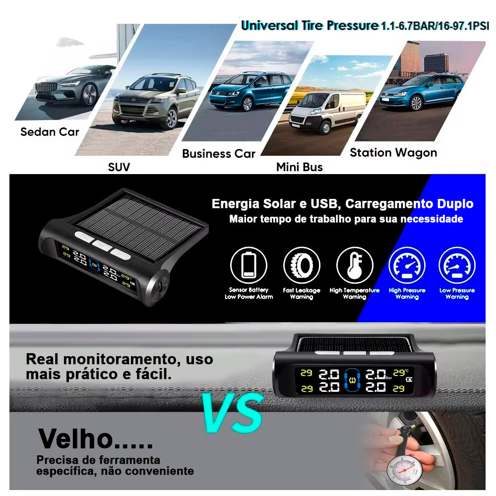 Sistema de Monitoramento de Pressão de Pneus TPMS, Com Carregamento Solar - Preto