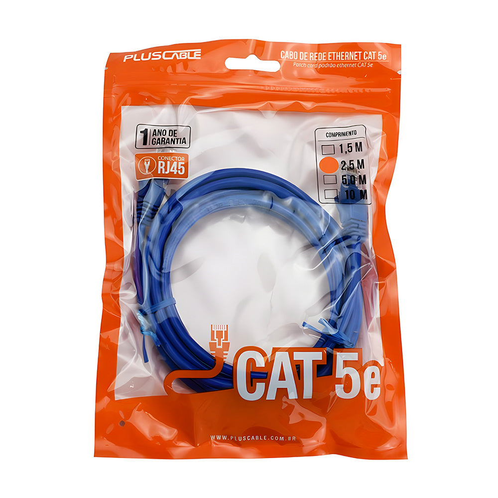 Cabo de Rede CAT5e, 2.5 Metros, Patch Cord Azul, PC-ETHU25BL - PlusCable