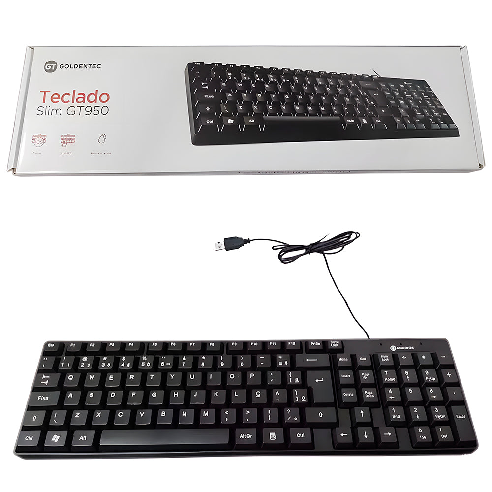 Teclado USB Slim, Plug And Play, Padrão ABNT2, GT-950, Goldentec - Preto