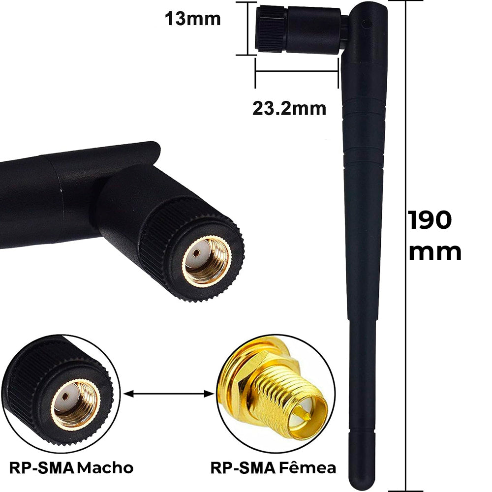 Antena Wi-Fi Sem Fio 2.4 GHz 5dBi RP SMA Macho 19cm - Preto