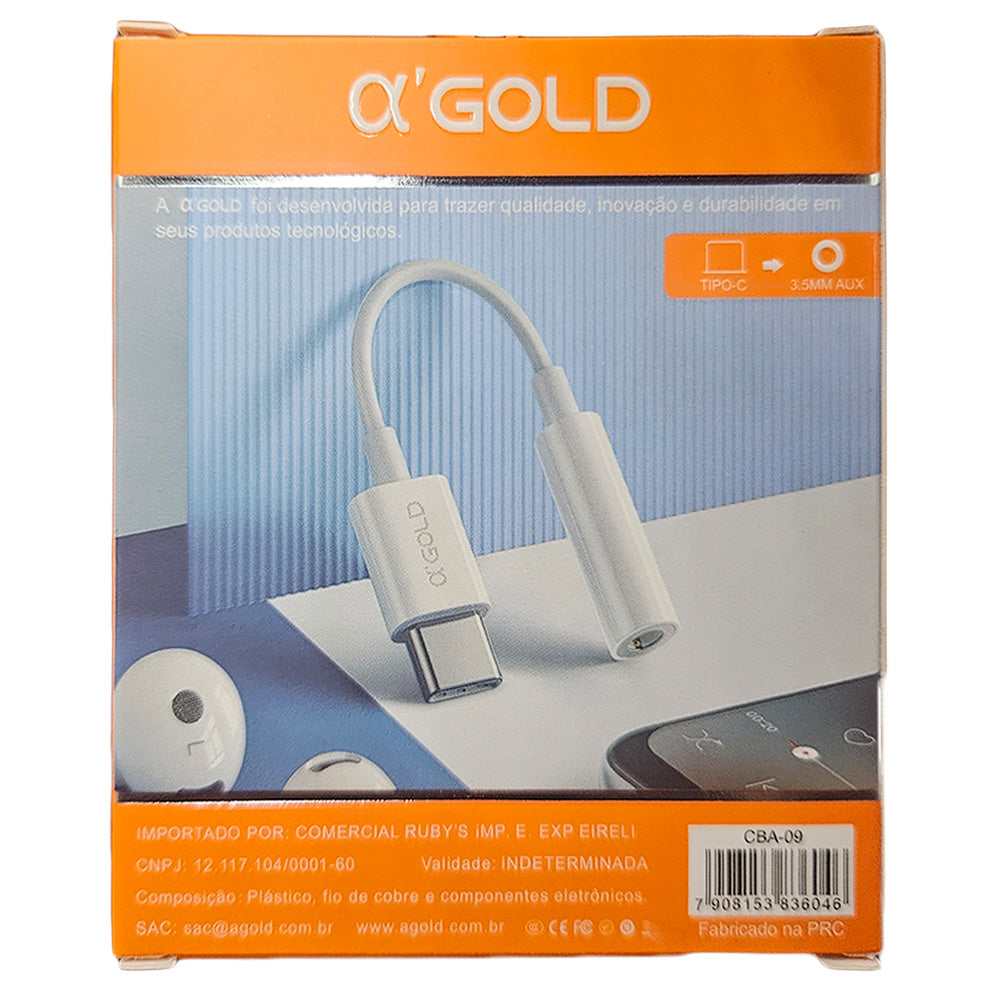 Adaptador Tipo-C para P2 A'Gold CBA-09, Conector USB-C Macho para P2 Fêmea, Adaptador Fone de ouvido - Branco