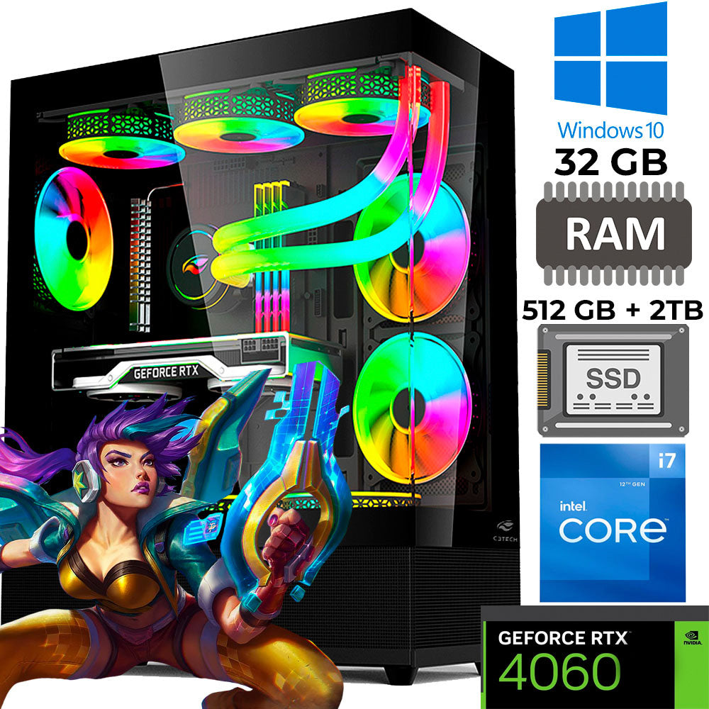 Computador Gamer Core I7-12700F, Water Cooler FC-W120RGB, RTX 4060, RAM 32GB DDR4, SSD 512GB M.2 + 2TB, ATX 850W