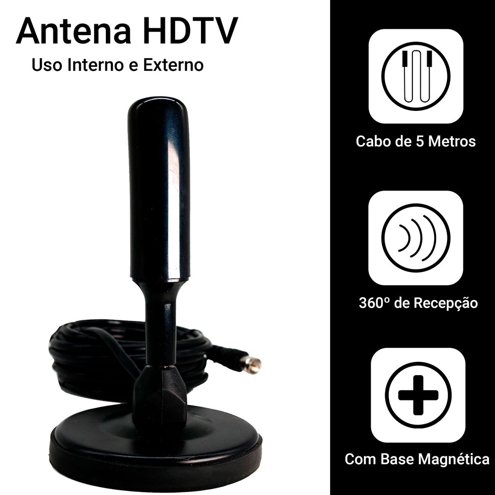 Antena Digital UHF/HDTV Com Cabo de 5 Metros, Base Com Imã, Victory - VT-3003