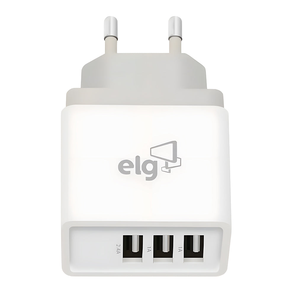 Carregador USB Universal, 3 Entradas USB 3.4A (2 x 1A + 1 x 2.4A), Bivolt, WC3S, Branco, ELG