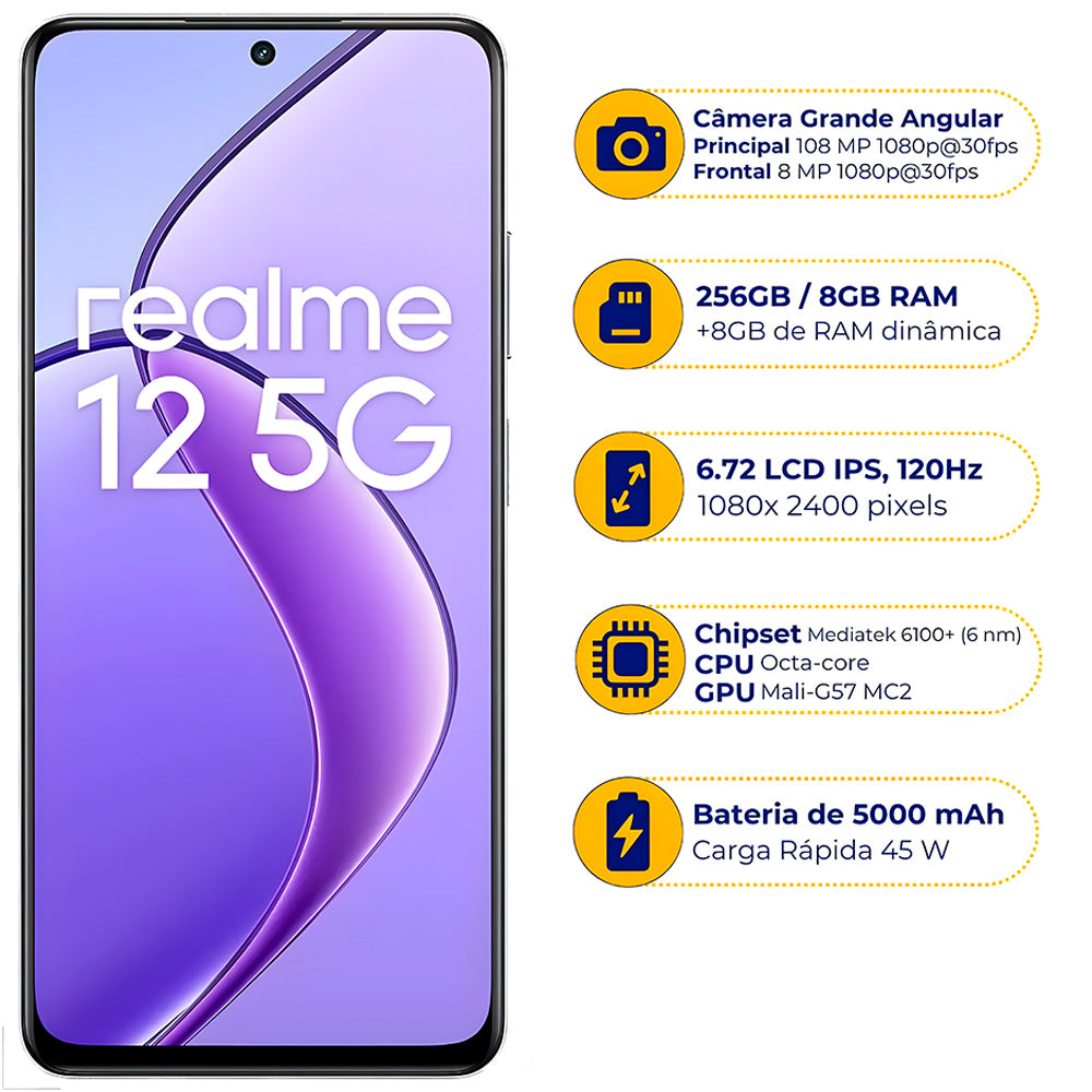 Smartphone Realme 12 Dual Sim, 5G, 8GB RAM, 256GB Armazenamento, Tela 6.72