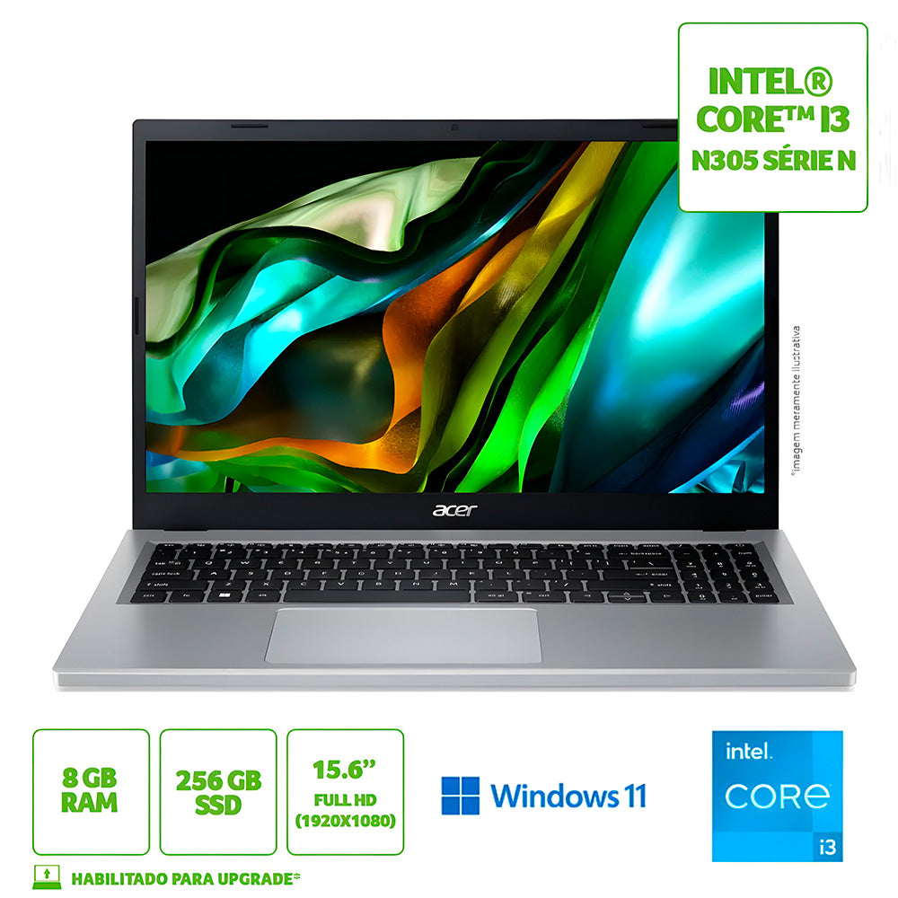 Notebook Acer Aspire 3, Intel Core i3-N305, 8GB RAM 256GB SSD, Série N, 15.6