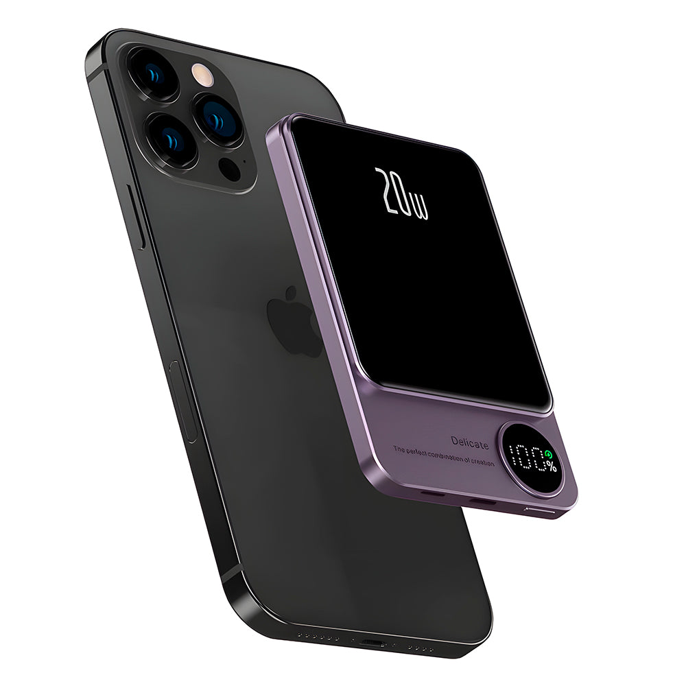 Carregador Portatíl Power Bank Magnetico 10000mAh Com Cabo USB-C, Uma Entrada USB e Uma Entrada USB-C - Roxo