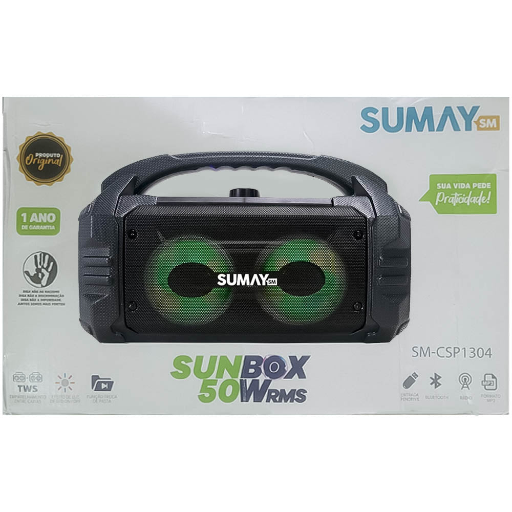 Caixa de Som Portátil Bluetooth Sumay Sunbox SM-CSP1304 50W RMS TWS USB P10 FM LED 6 Horas 220V