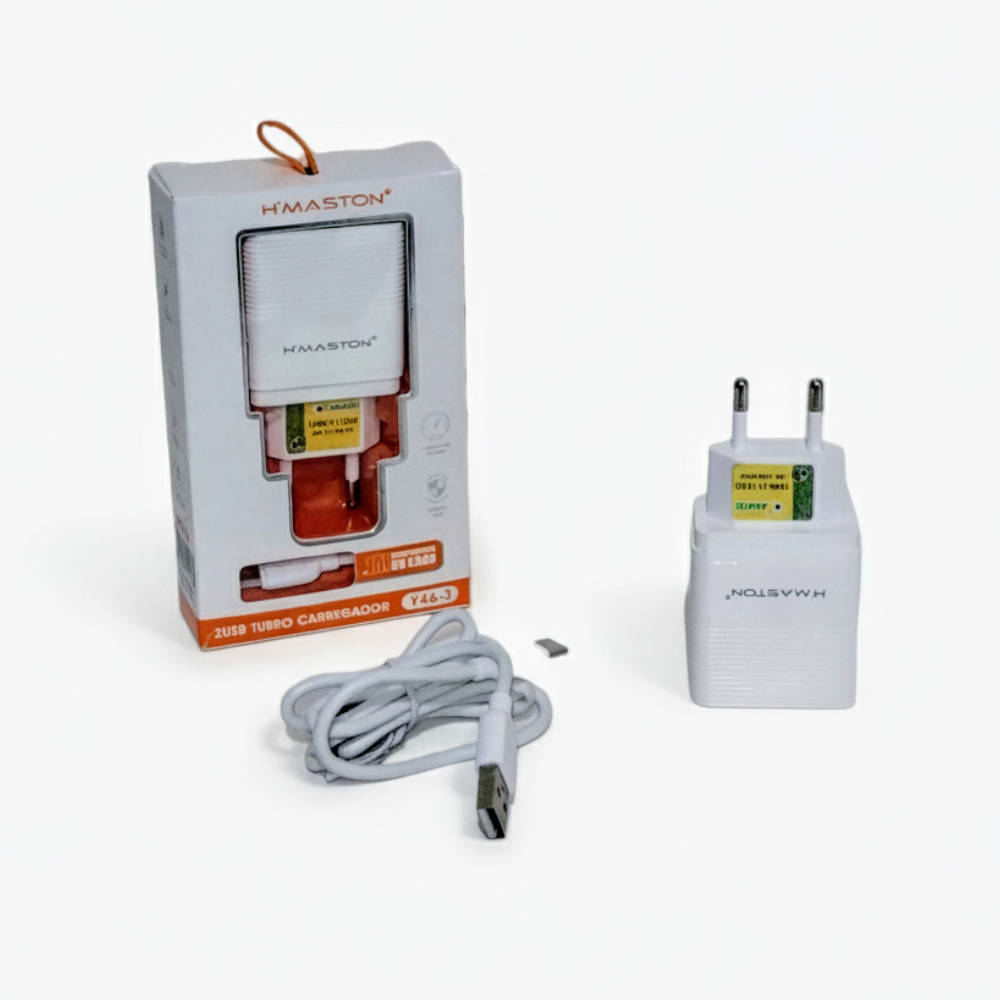 Carregador Turbo H'Maston Y46-3, com 2 Portas USB, Saída 6.1A, 5V, Bivolt 100-240V, com Cabo Tipo-C, Branco