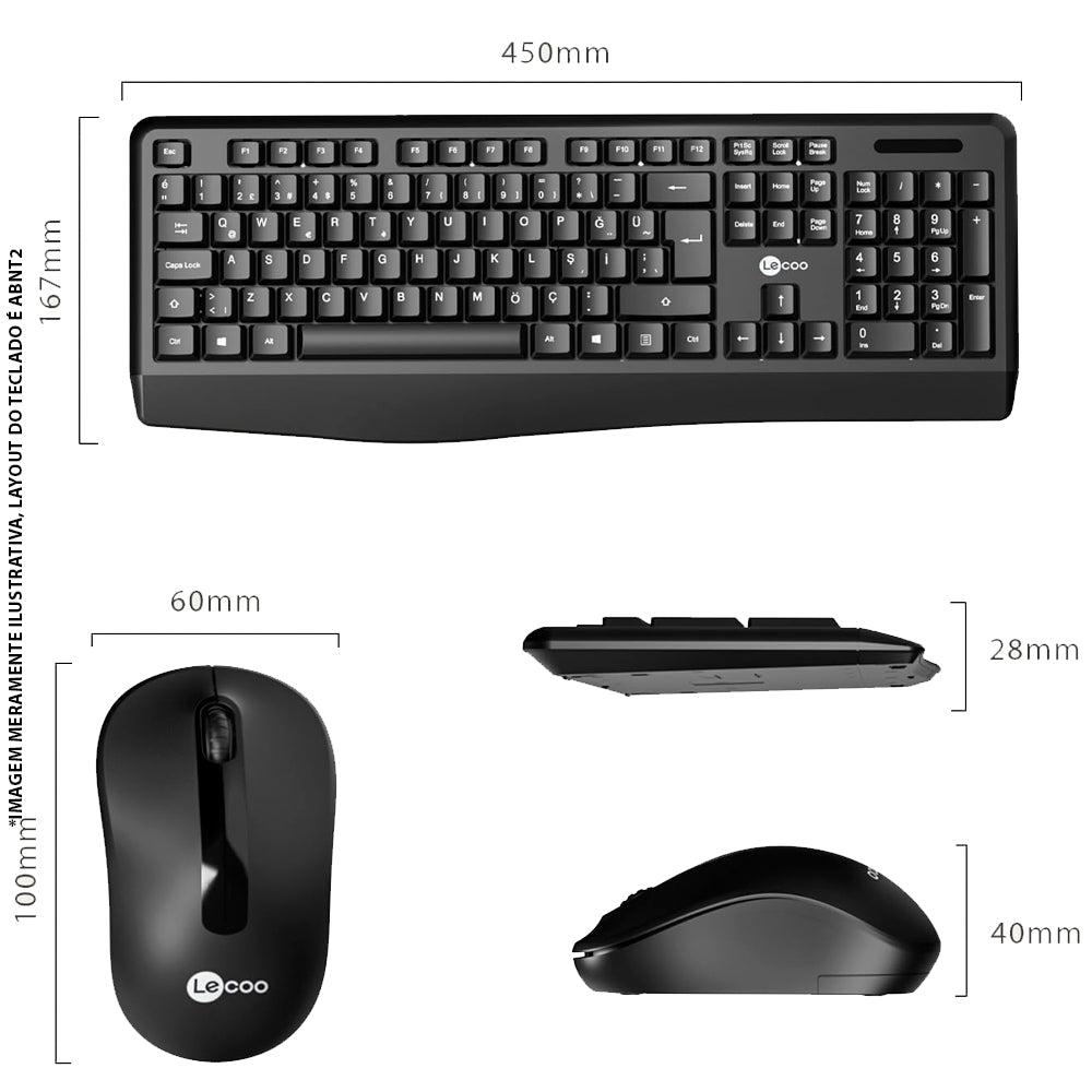 Kit Teclado Membrana ABNT2 e Mouse Óptico 3 Botões, DPI 1.600, Wireless 2.4GHz, KW211 Lecoo - Preto