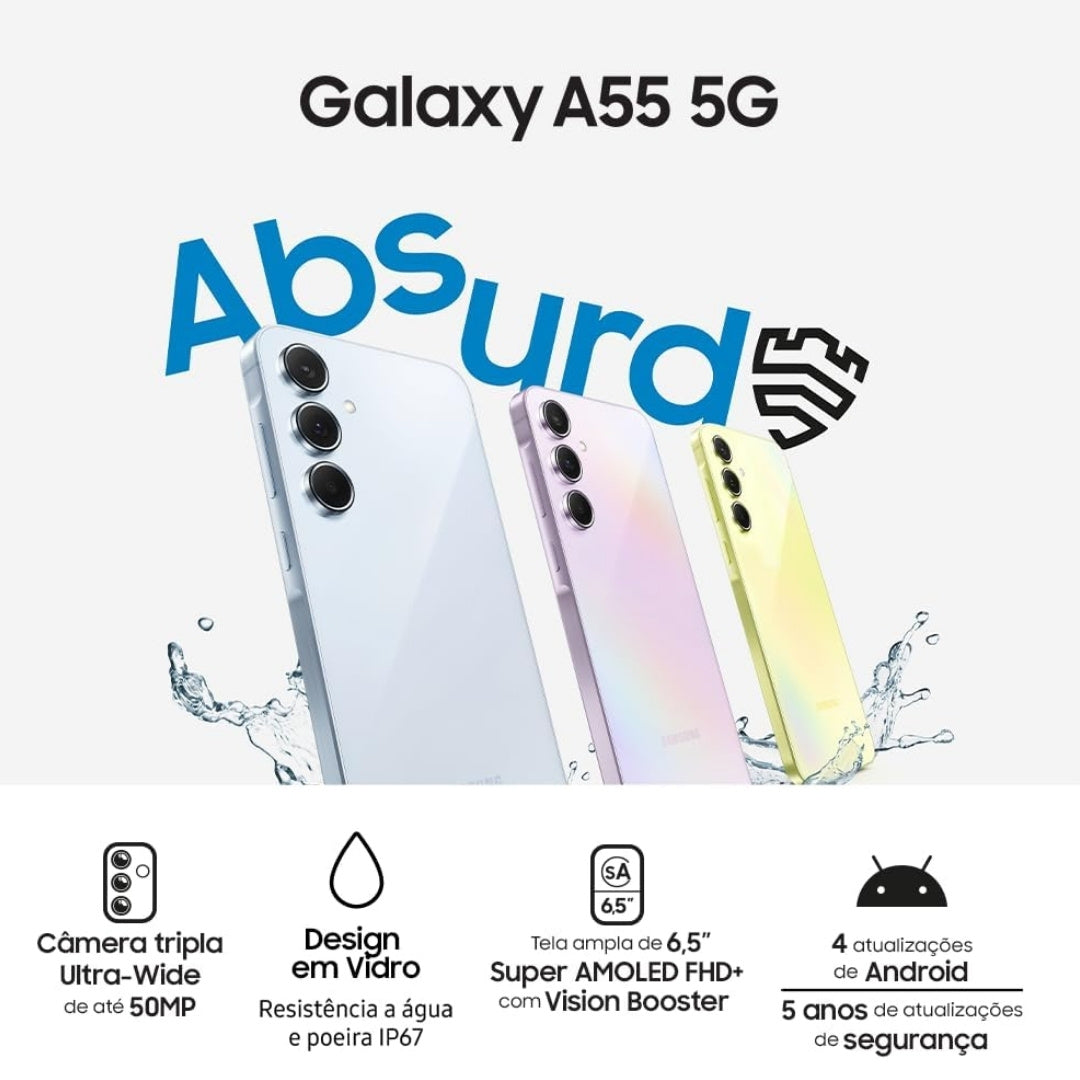 Smartphone Samsung Galaxy A55 5G 128GB Azul Claro, 8GB RAM, Câmera Tripla, Traseira 50MP, Selfie 32MP, Super AMOLED 6.6"