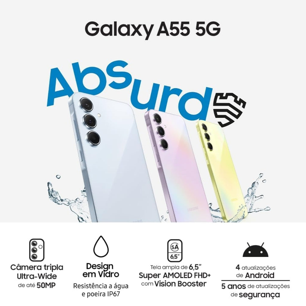 Smartphone Samsung Galaxy A55 5G 128GB Azul Claro, 8GB RAM, Câmera Tripla, Traseira 50MP, Selfie 32MP, Super AMOLED 6.6